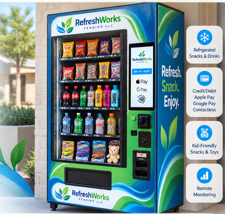 RefreshWorks blue and green branded vending machine